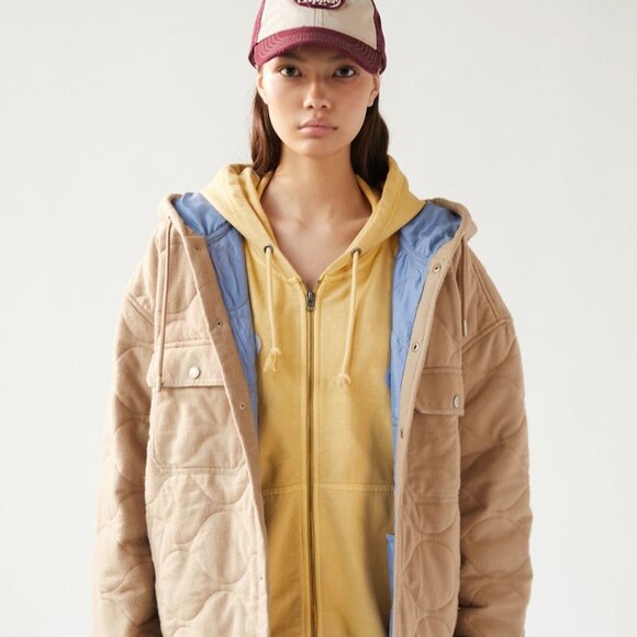 BDG Flannel Quilted Hooded Shirt Jacket in Taupe Men's Size Large / Unisex - Picture 3 of 16